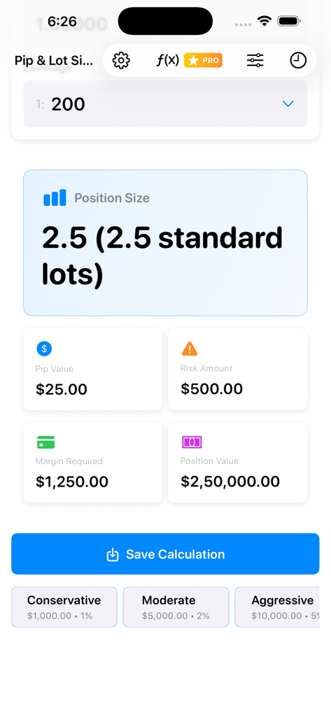 The results screen of the Pip and Lot Size Calculator app displaying a position size calculation of two point five standard lots and risk management data.