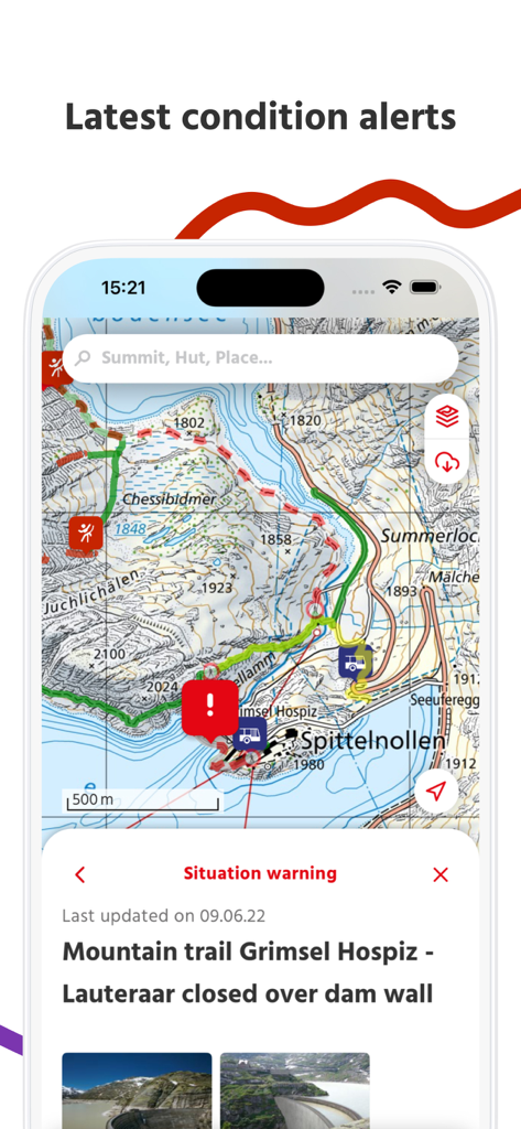 SAC – Swiss Alpine Club - La aplicación SAC Swiss Alpine Club muestra una advertencia de situación de un sendero de montaña cerrado en un mapa topográfico.
