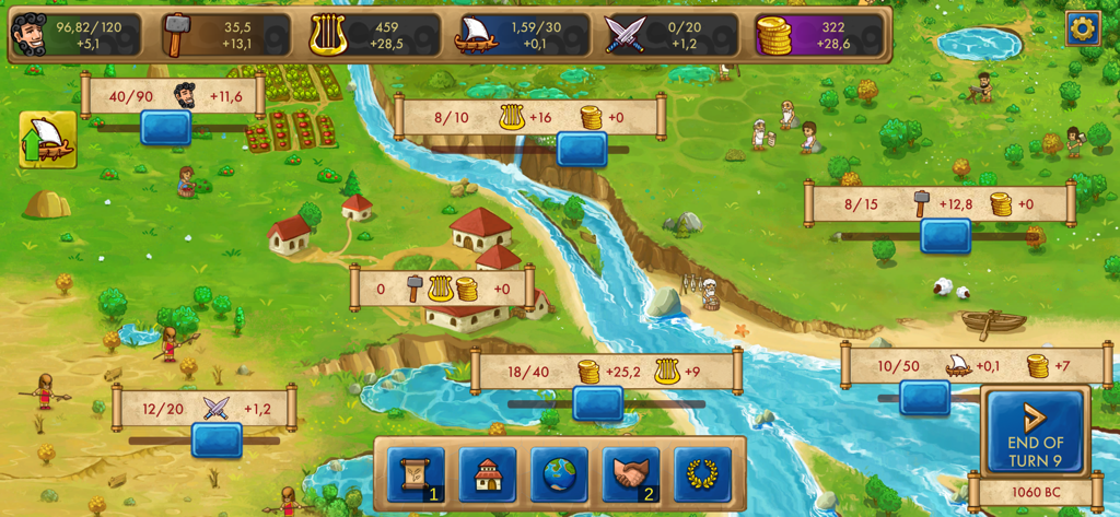 A top-down gameplay screenshot of Marble Age Remastered showing ancient Greek city management with resource icons and worker distribution scrolls