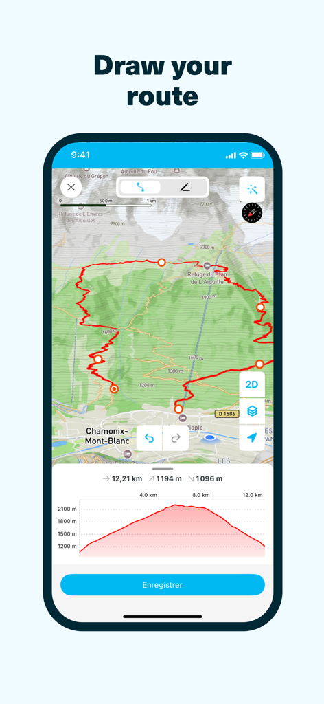 Whympr | Ski, Hike, Climb - Whympr app interface showing a custom mountain route drawn on a map with a detailed elevation profile