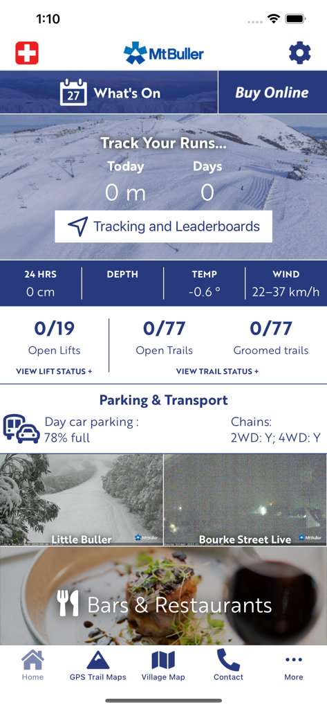 Tela inicial do aplicativo Mt Buller Live mostrando relatórios de neve, status dos teleféricos e recursos de rastreamento