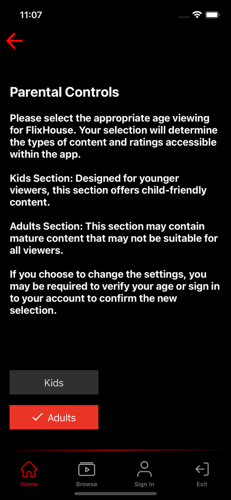 FlixHouse - Parental controls screen in the FlixHouse app allowing users to select between Kids and Adults viewing profiles.