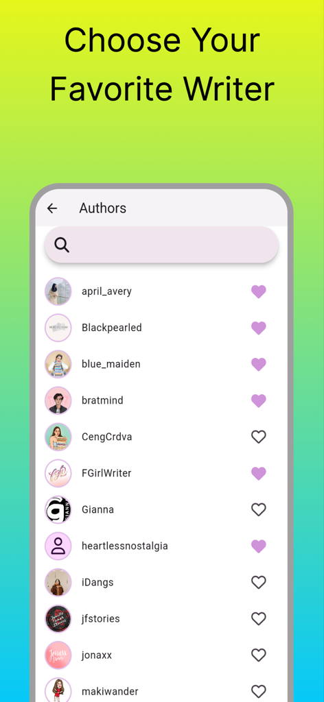 Tela do aplicativo Haloreads exibindo uma lista de autores filipinos populares para seguir