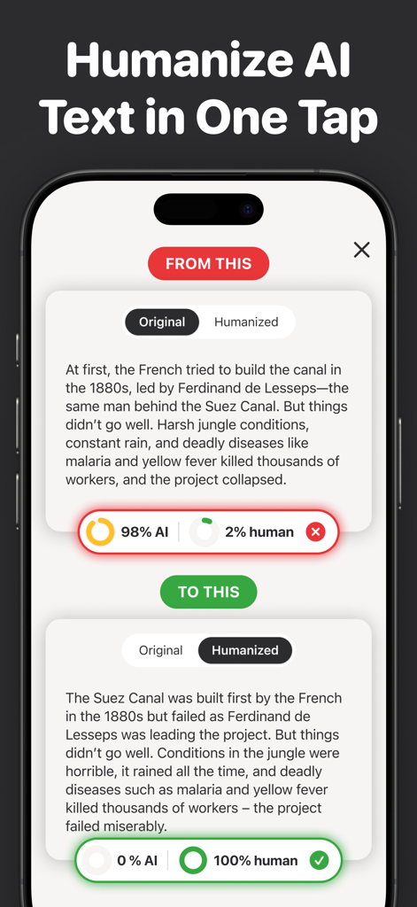 Mobile app interface showing AI text humanized to one hundred percent human score