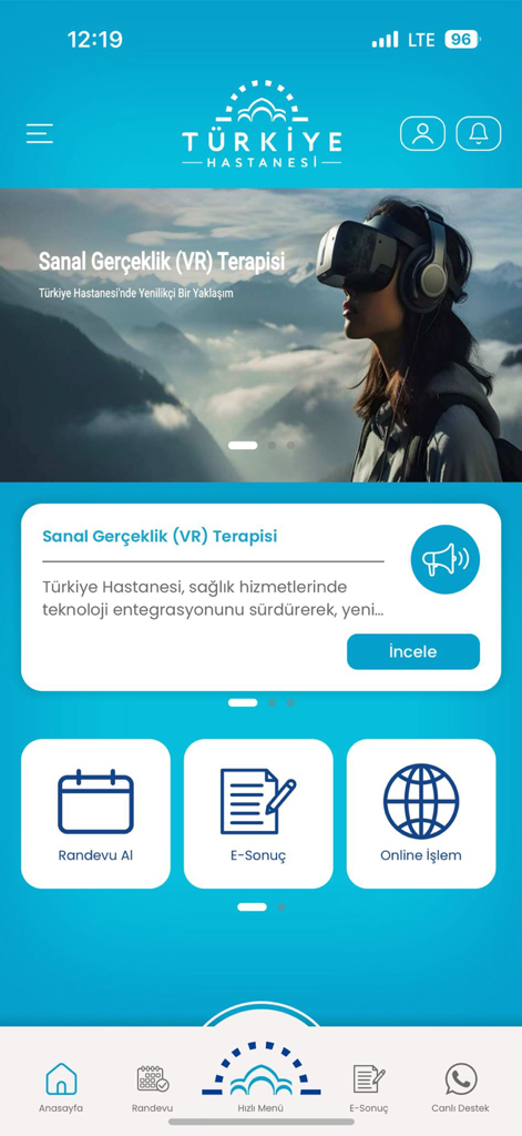 Turkiye Hastanesi mobile app home screen showing appointment and medical result options