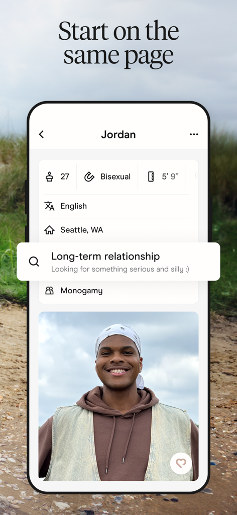 A Hinge dating profile displaying user details and relationship goals
