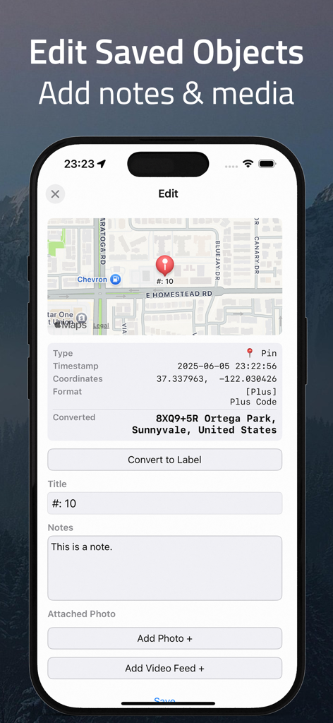Coordinates – GPS Converter - Interface of the Coordinates app showing how to edit saved objects by adding notes and attaching media to GPS pins.