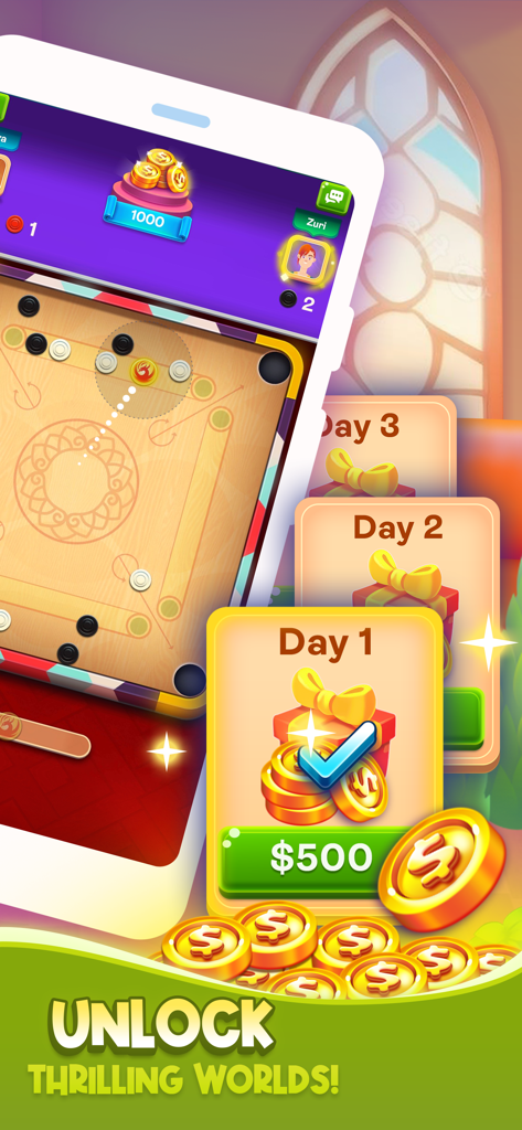 A smartphone showing Carrom Clan gameplay and daily login rewards with gold coins and gift boxes.