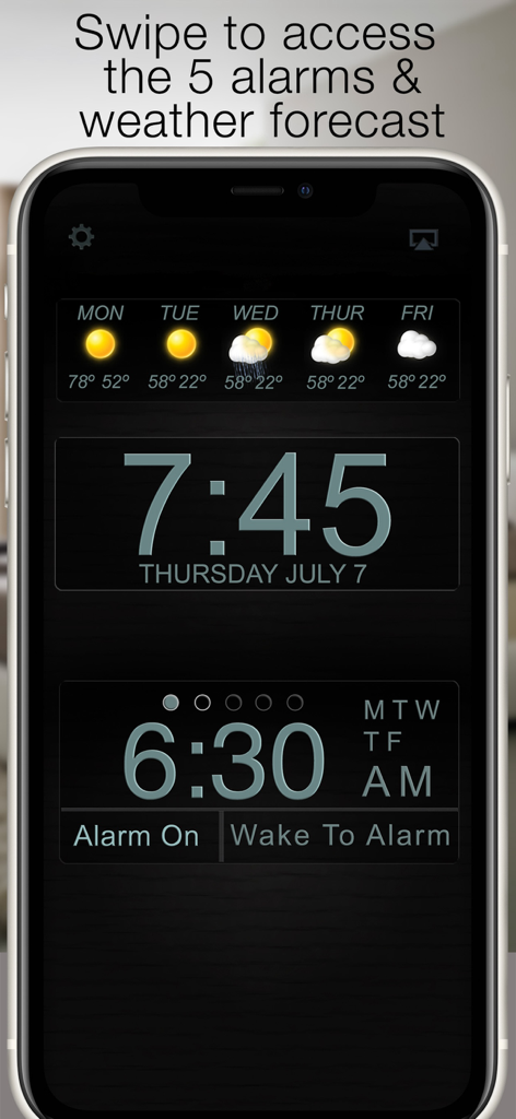 Best Clock Radio-Podcast - 현재 시간, 5일간의 일기 예보, 예약된 오전 6시 30분 알람이 어두운 배경에 표시되는 최고의 시계 라디오 앱 인터페이스
