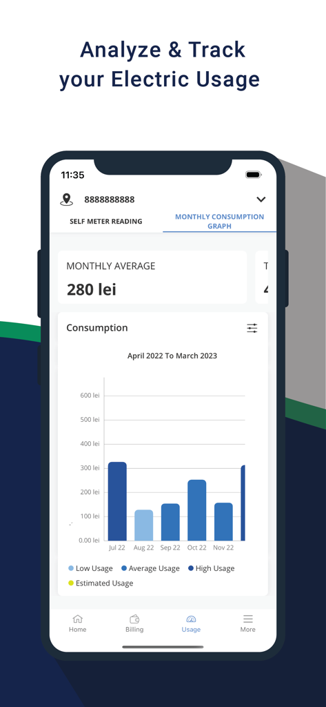 iHidro app interface displaying a monthly electricity consumption bar chart