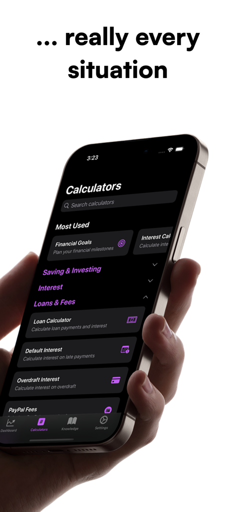 Investr app screen displaying a list of financial calculators for loans, interest, and goals.