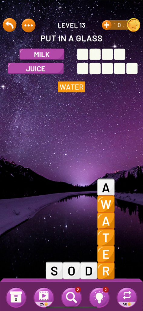 Word Tower: Relaxing Word Game - Word Tower game level with a starry sky theme and word puzzle interface