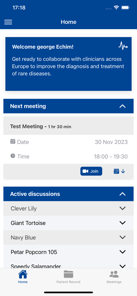 Pantalla de inicio de la aplicación EU CPMS que muestra la próxima reunión programada y una lista de discusiones clínicas activas