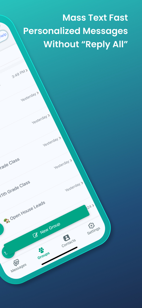 Hit Em Up: Mass Text Bulk SMS - Hit Em Up app interface displaying personalized mass texting groups for professional and community outreach.