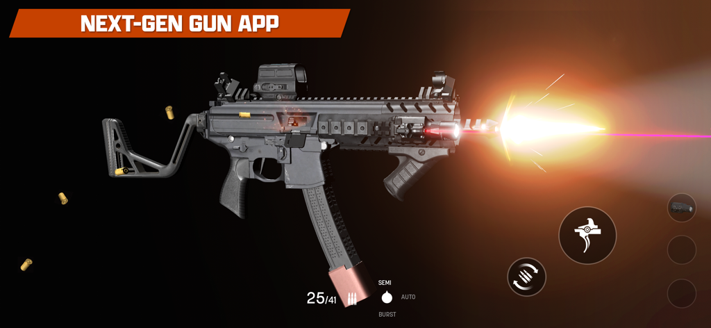 Gun Builder ELITE 2 - A customized tactical submachine gun firing with visible muzzle flash and ejected shells