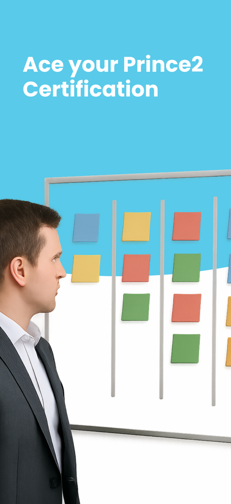 A professional man in a suit looking at a project management board with sticky notes under the text Ace your Prince2 Certification