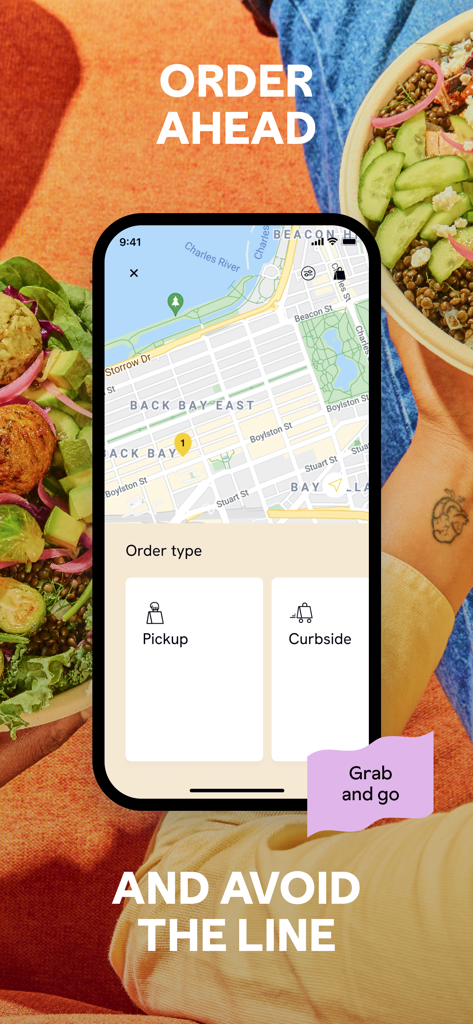 CAVA | Order Online - CAVA app interface showing options for pickup and curbside ordering on a city map