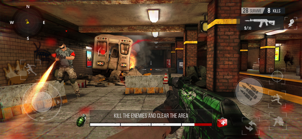 BattleStrike Commando Gun Game - Perspectiva en primera persona de un soldado disparando un rifle de asalto en una estación de metro subterránea con un tren estrellado.