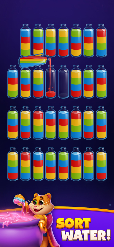 Magic Sort! - Uma tela de jogo para celular mostrando fileiras de garrafas com água colorida e um gato mago mexendo uma panela