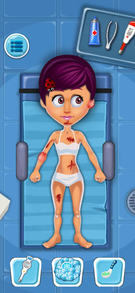My Dream Hospital: My City - Cartoon girl patient with minor injuries on a medical bed being treated in My Dream Hospital simulator game