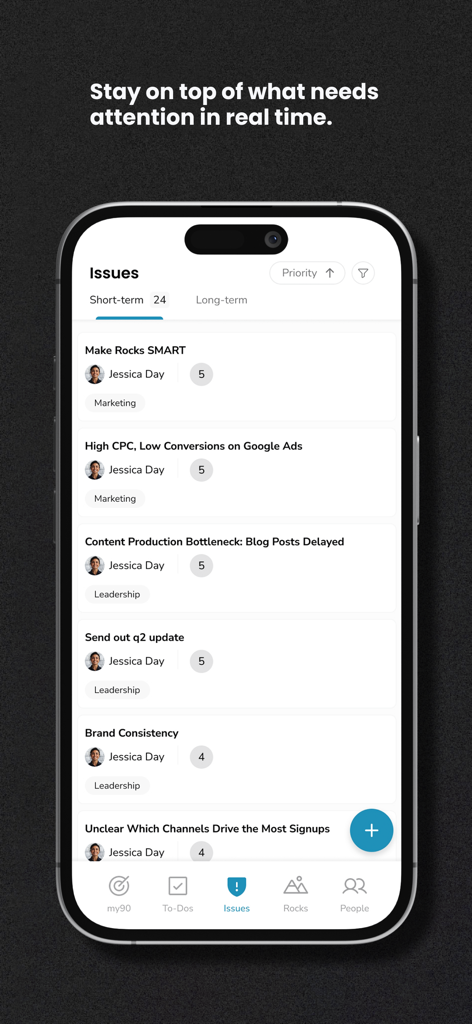 Capture d'écran de l'application Ninety montrant l'interface de gestion des Issues avec des tâches commerciales à court terme et des affectations aux membres de l'équipe.