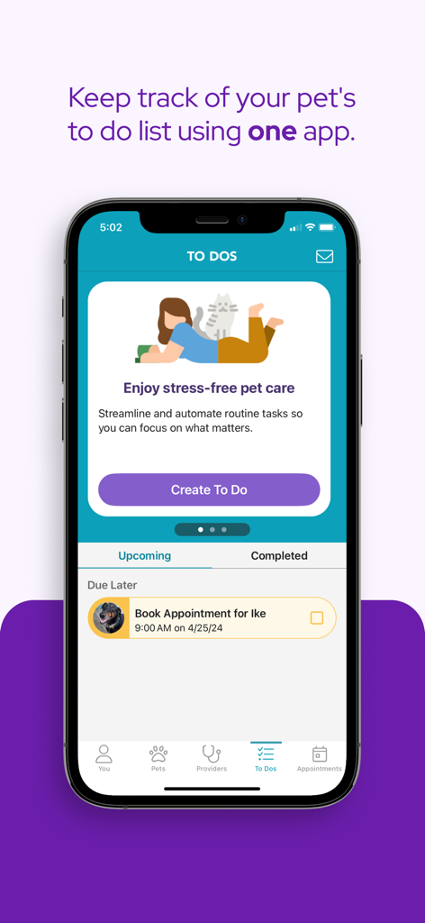 PetDesk App-Oberfläche, die eine To-Do-Liste für Haustiergesundheitsaufgaben und Terminerinnerungen anzeigt