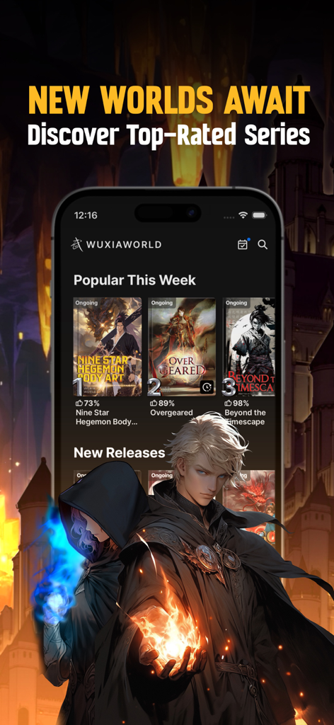 Mobile App-Oberfläche von Wuxiaworld, die beliebte Webroman-Serien mit Illustrationen von Fantasy-Charakteren anzeigt.