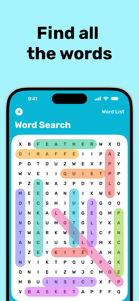 Spell It: Spelling Bee Games - Wortsuch-Spielbildschirm in der Spell It App mit bunten hervorgehobenen Wörtern.