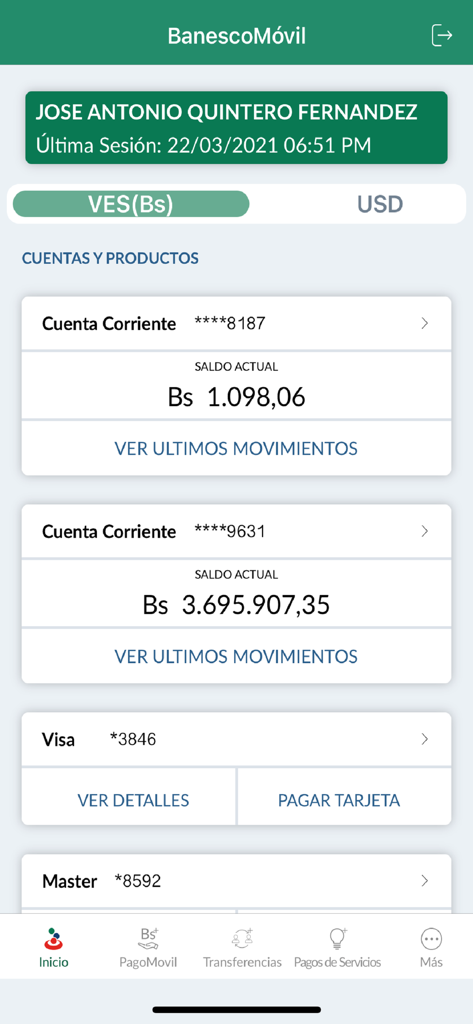 Banesco Ve - Pantalla principal de la aplicación de banca móvil Banesco Ve mostrando saldos de cuentas en Bolívares y menú de navegación