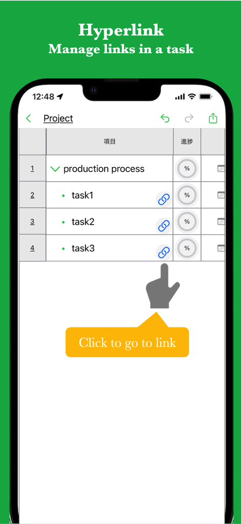 iGanttChart: Gantt Chart App - Project task list with hyperlink icons and progress bars in the iGanttChart app