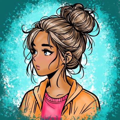 realistic teenage girl with a messy bun