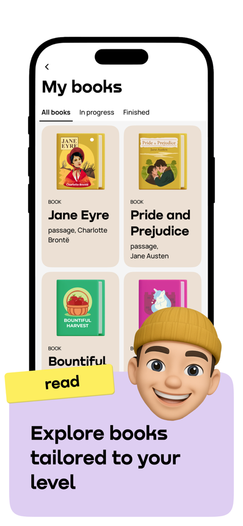 Promova: Language Learning App - Promova 앱 라이브러리, 학습자의 언어 능력 수준에 맞는 고전 서적 표시