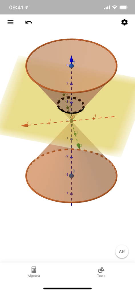 Geometric visualization of a 3D double cone and an intersecting plane in the GeoGebra 3D Calculator app