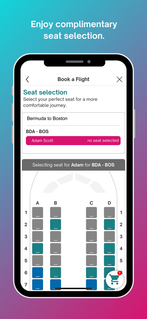 BermudAir - BermudAir app seat selection screen for a flight from Bermuda to Boston