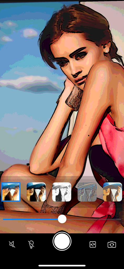 Portrait Sketch Camera - Interfaz de la aplicación Portrait Sketch Camera que muestra un filtro de estilo cómic aplicado a una foto