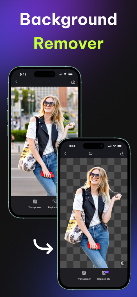 Pixie: AI Photo & Video Editor - Comparación de antes y después que muestra la herramienta eliminadora de fondos de Pixie AI convirtiendo una foto callejera en una imagen transparente.