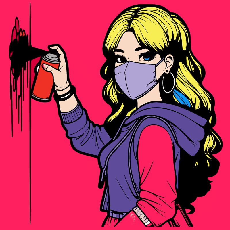 realistic girl with mask spray painting a wall