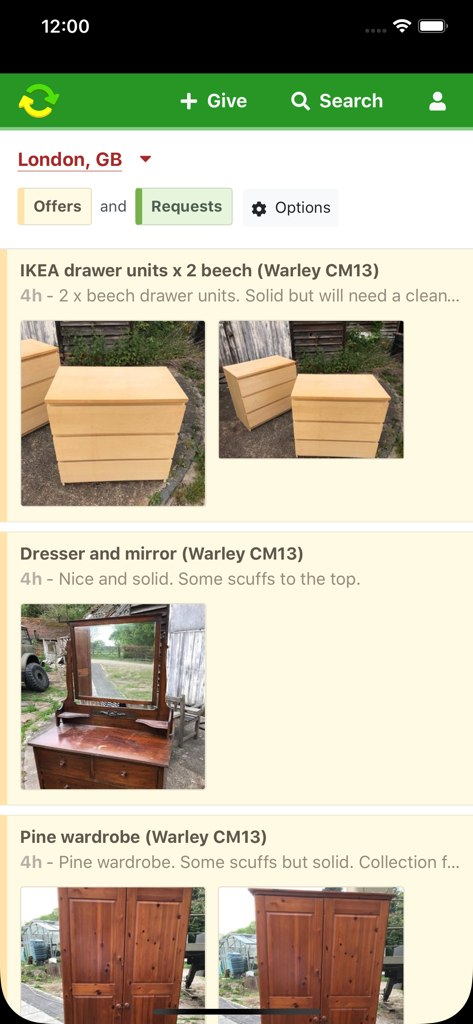 런던 지역의 무료 가구 목록을 보여주는 Trash Nothing 앱 스크린샷