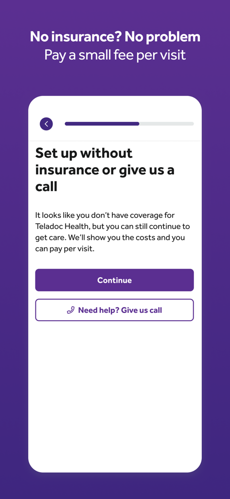 Teladoc Health - Teladoc Health app screen for users without insurance to pay per visit