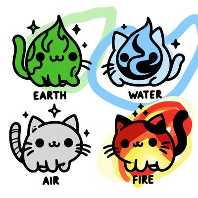 4 cats that represent the different elements, earth, water, air, and fire