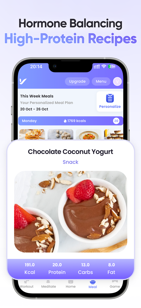 VitaliT by Fabulous50s - Schermata mobile dell'app VitaliT che mostra una ricetta di snack allo yogurt al cioccolato e cocco con informazioni nutrizionali