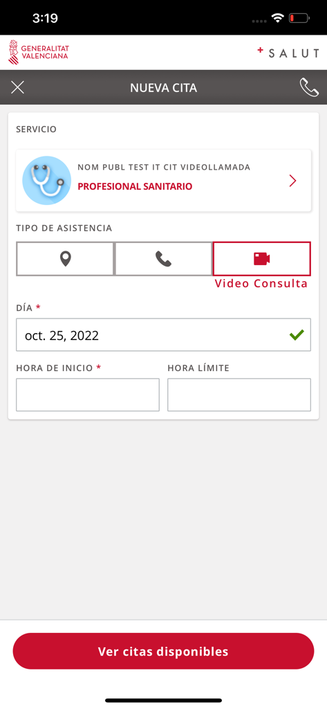 Mobile app screen for booking a new medical video consultation showing date and time selection options