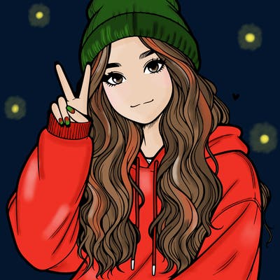 a teenage girl in a beanie, oversized sweatshirt, wavy long hair, and is showing a ✌️