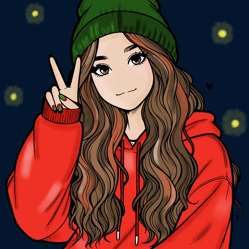 a teenage girl in a beanie, oversized sweatshirt, wavy long hair, and is showing a ✌️
