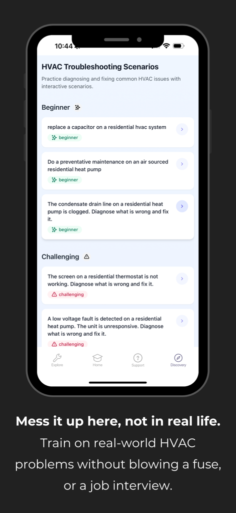 SkillCat App-Oberfläche mit interaktiven HLK-Fehlerbehandlungsszenarien für Anfänger und anspruchsvolle Stufen