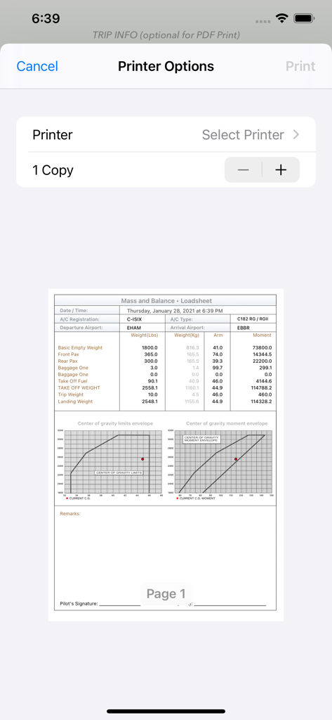 C182 M&B mobile - Professional Cessna 182 mass and balance loadsheet preview with CG charts