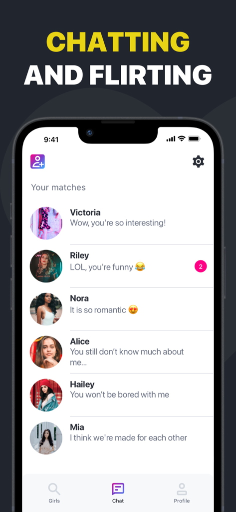 Schermata dello smartphone che mostra un elenco di corrispondenze virtuali e messaggi di chat nell'app Chatbot AI Ragazza Virtuale.