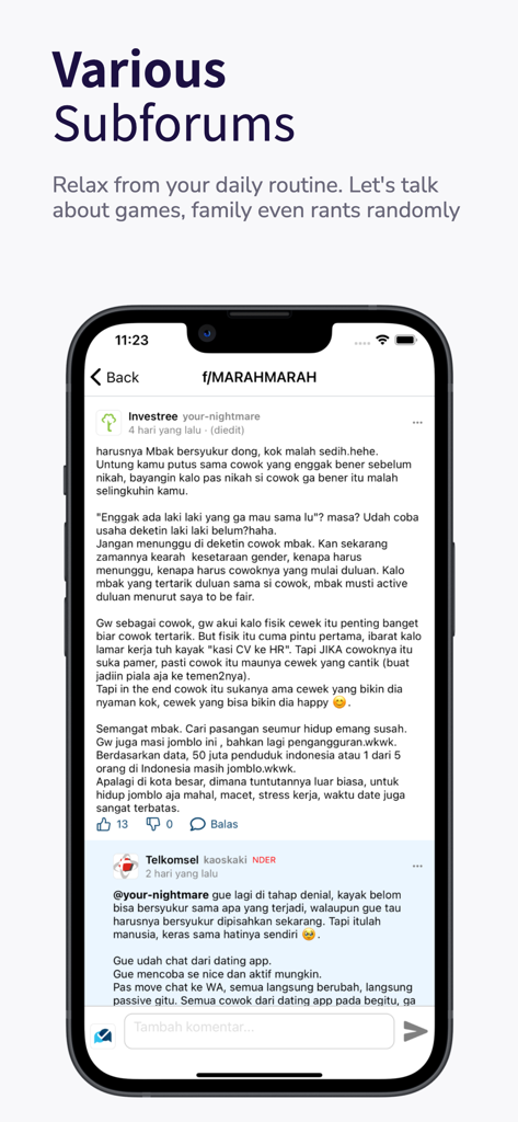 FOMO Indonesia - Oberfläche der FOMO Indonesia App, die ein Unterforum für anonyme professionelle Diskussionen und zum Dampfablassen zeigt.