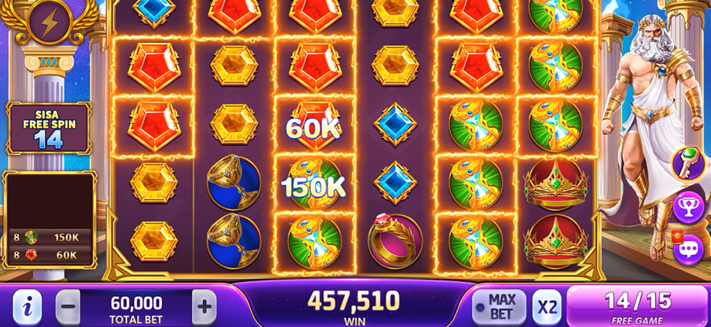 Greek mythology themed slot machine gameplay in Joker King Slots Online featuring Zeus and glowing gems