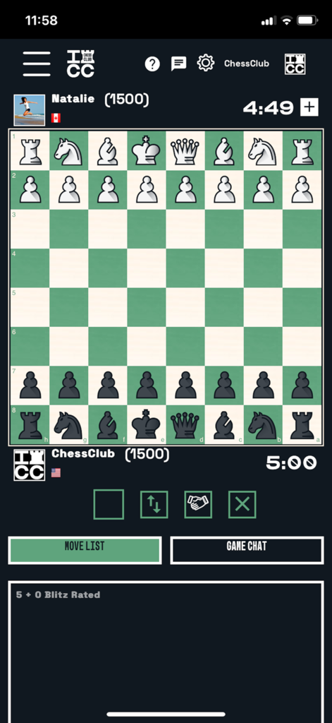 Chess at ICC, play & learn - A screenshot of a live chess match on the ICC app showing the board and player ratings.